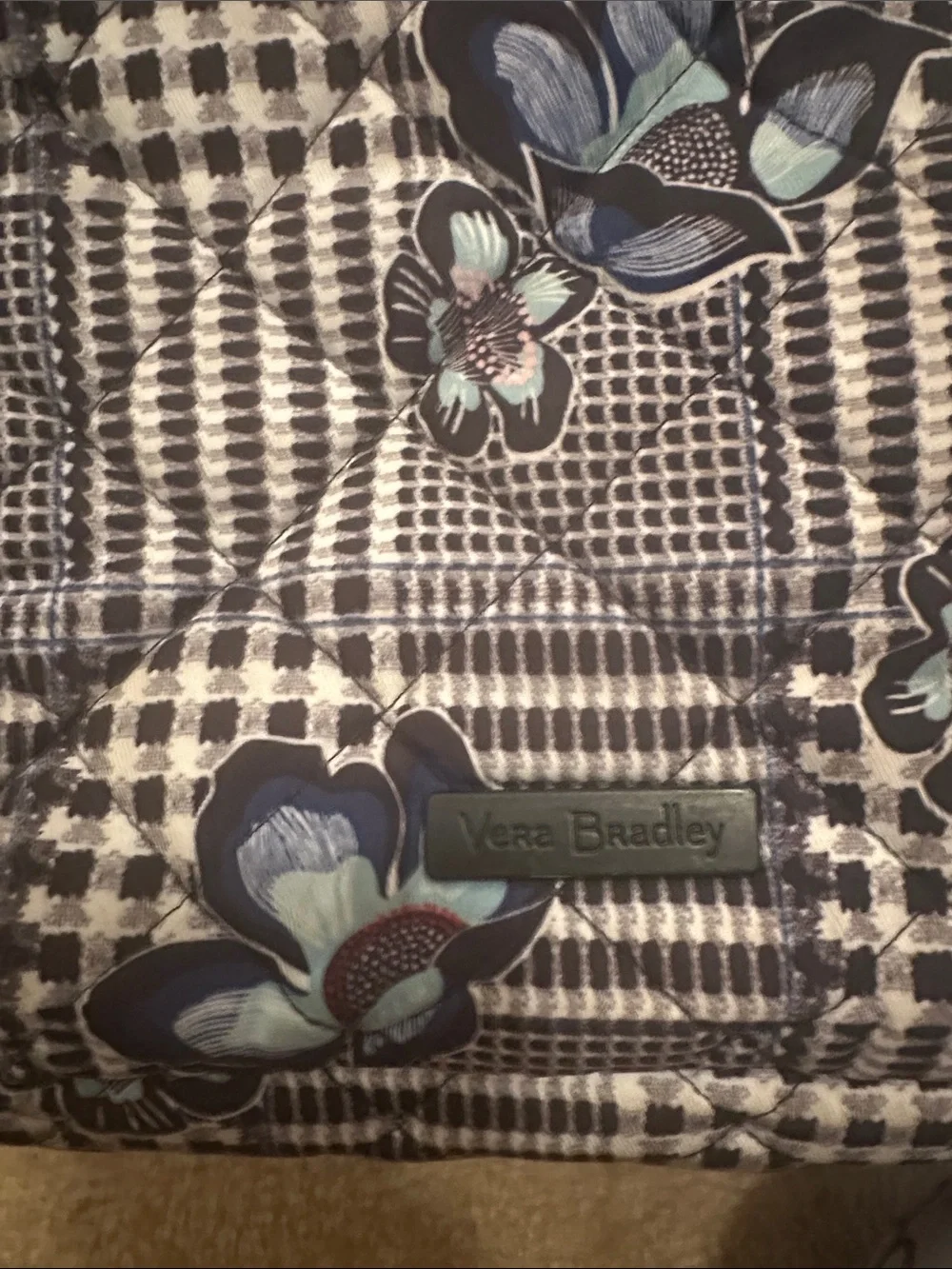 Vera Bradley Black White Plaid Backpack with Blue Floral Accents